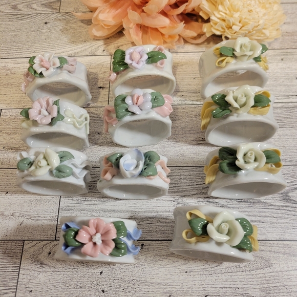 Vintage Mid-Century Porcelain Napkin Holders Rings Decorative Past/Set of 11 - Picture 1 of 5